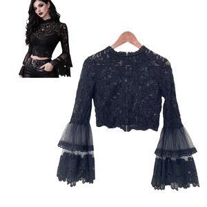 Revamped Victorian Goth Lace Blouse Cropped Top Bell Sleeve Black Med Romantic